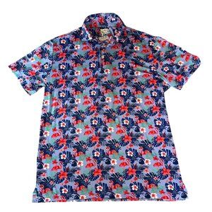 Mens Tailor Byrd Tropical Flamingo Print Blue/Red Wicking SPF 30 Polo Shirt - L